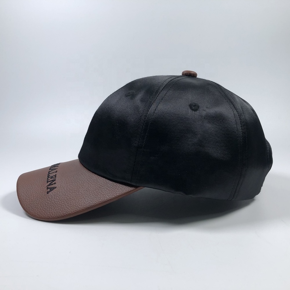 OEM fashion leather brim custom embroidery logo sport baseball hat plain black satin cap