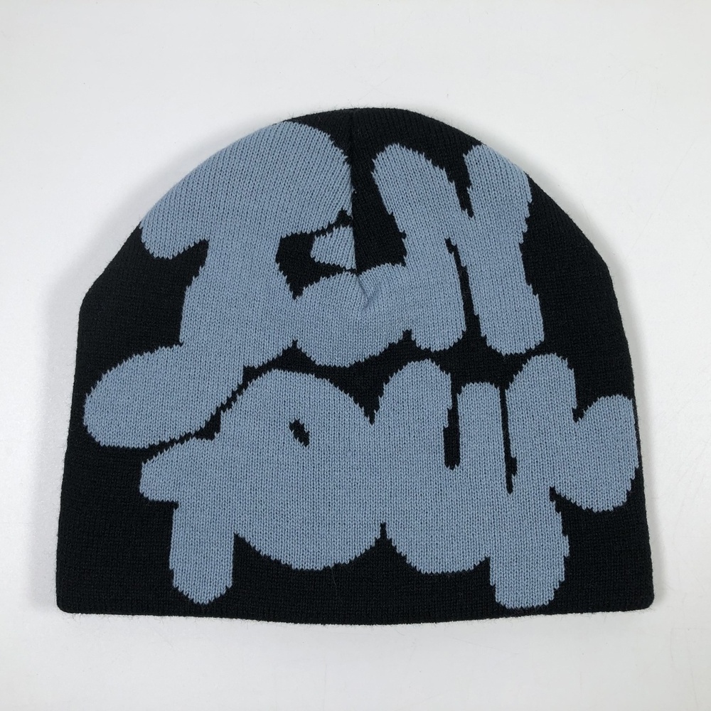 OEM acrylic graphic design fashion streetwear winter warm knitted hat with full jacquard logo print custom skull beanie