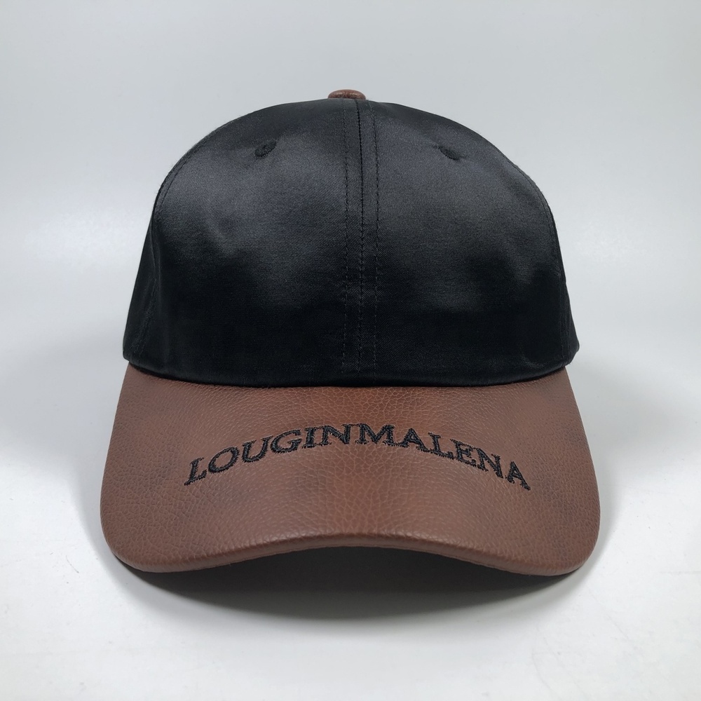 OEM fashion leather brim custom embroidery logo sport baseball hat plain black satin cap