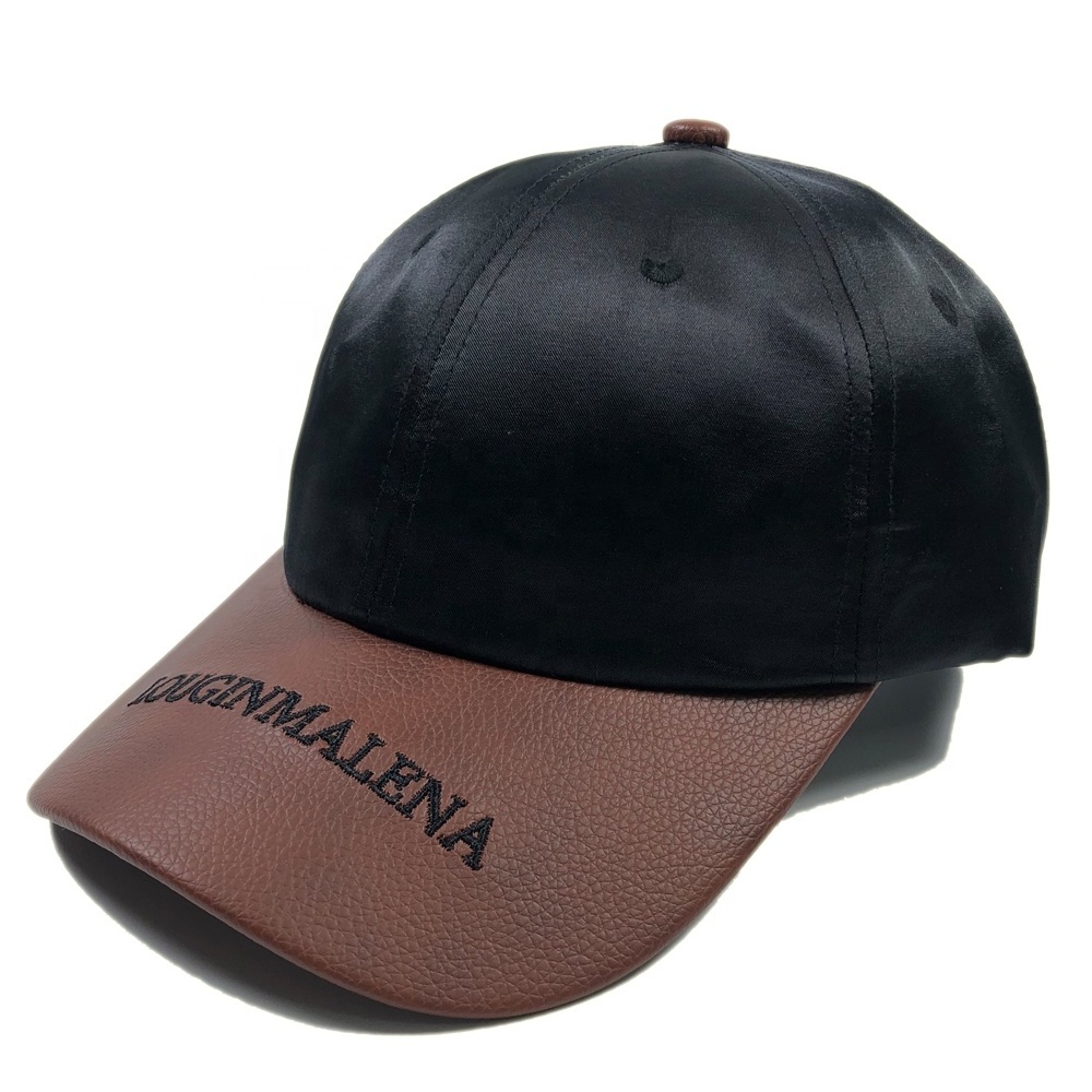 OEM fashion leather brim custom embroidery logo sport baseball hat plain black satin cap