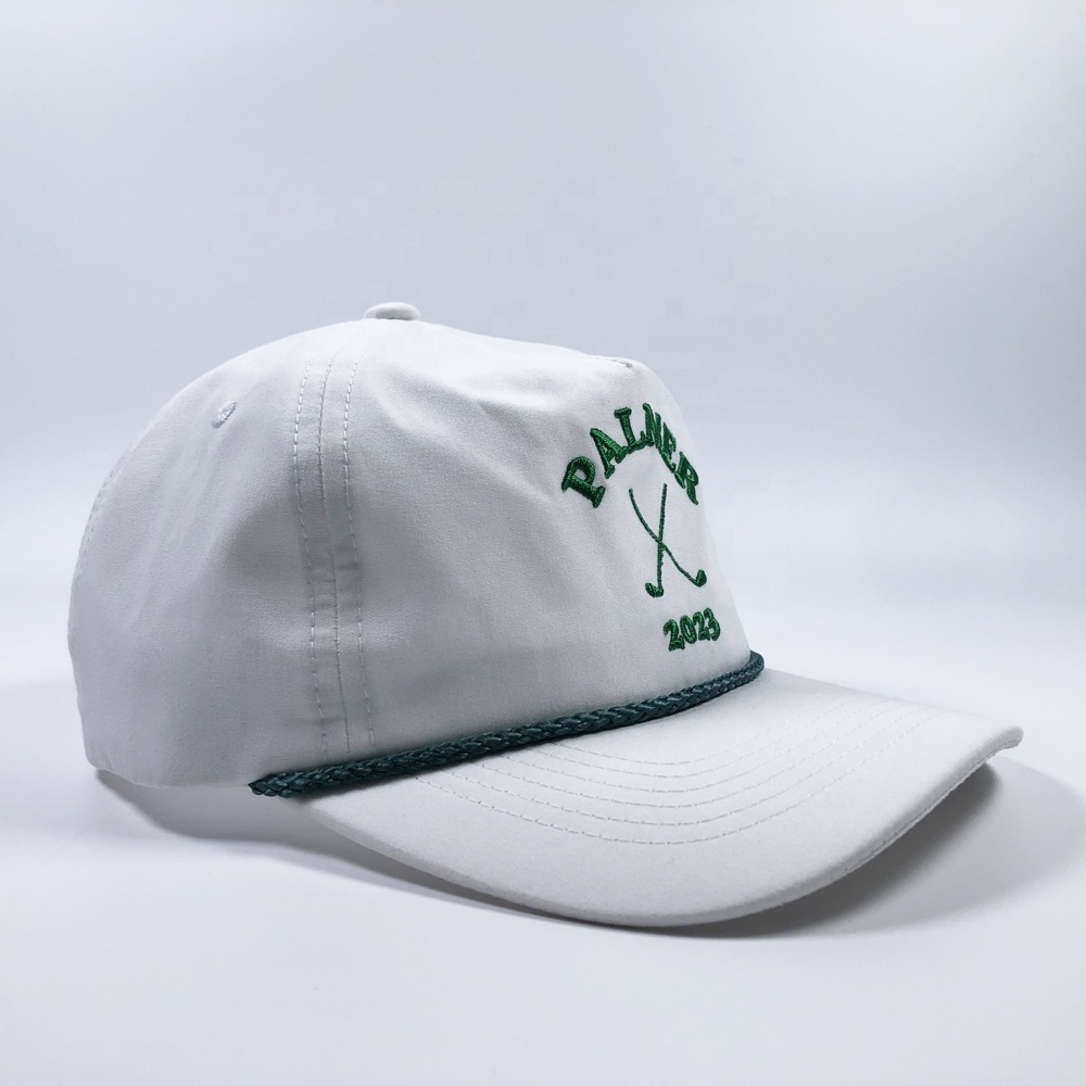 OEM fashion white waterproof polyester unstructured sport baseball cap with embroidery logo custom 5 panel dad hat with rope