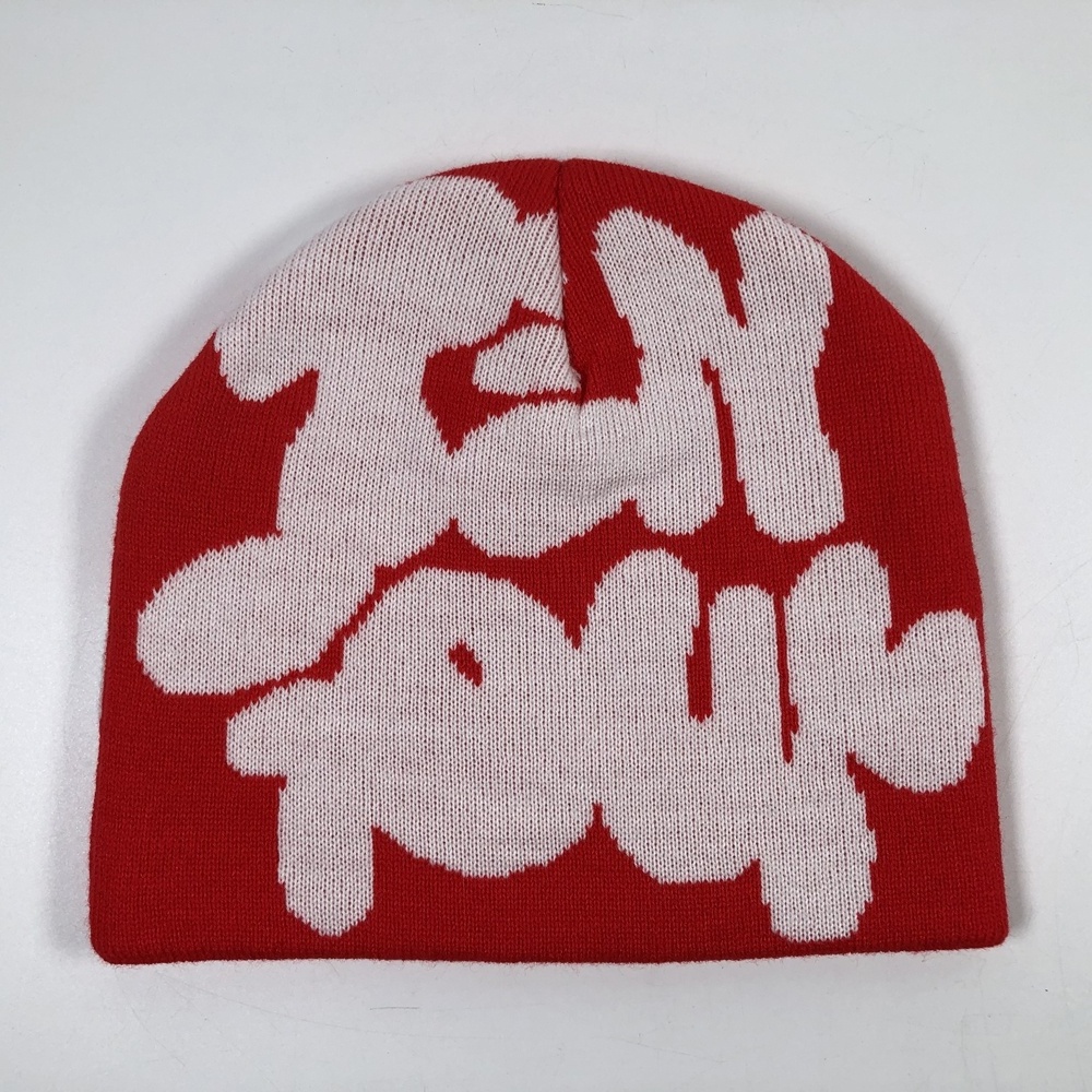 OEM acrylic graphic design fashion streetwear winter warm knitted hat with full jacquard logo print custom skull beanie