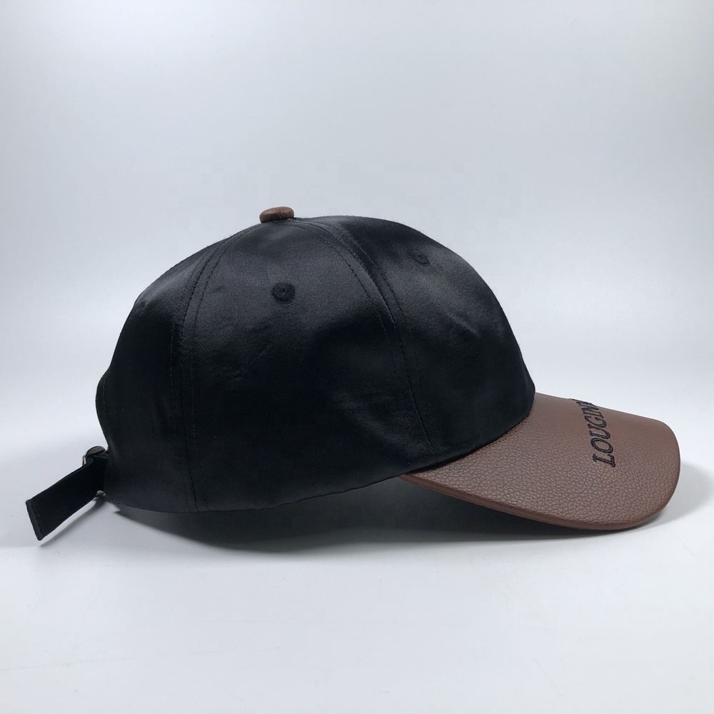 OEM fashion leather brim custom embroidery logo sport baseball hat plain black satin cap