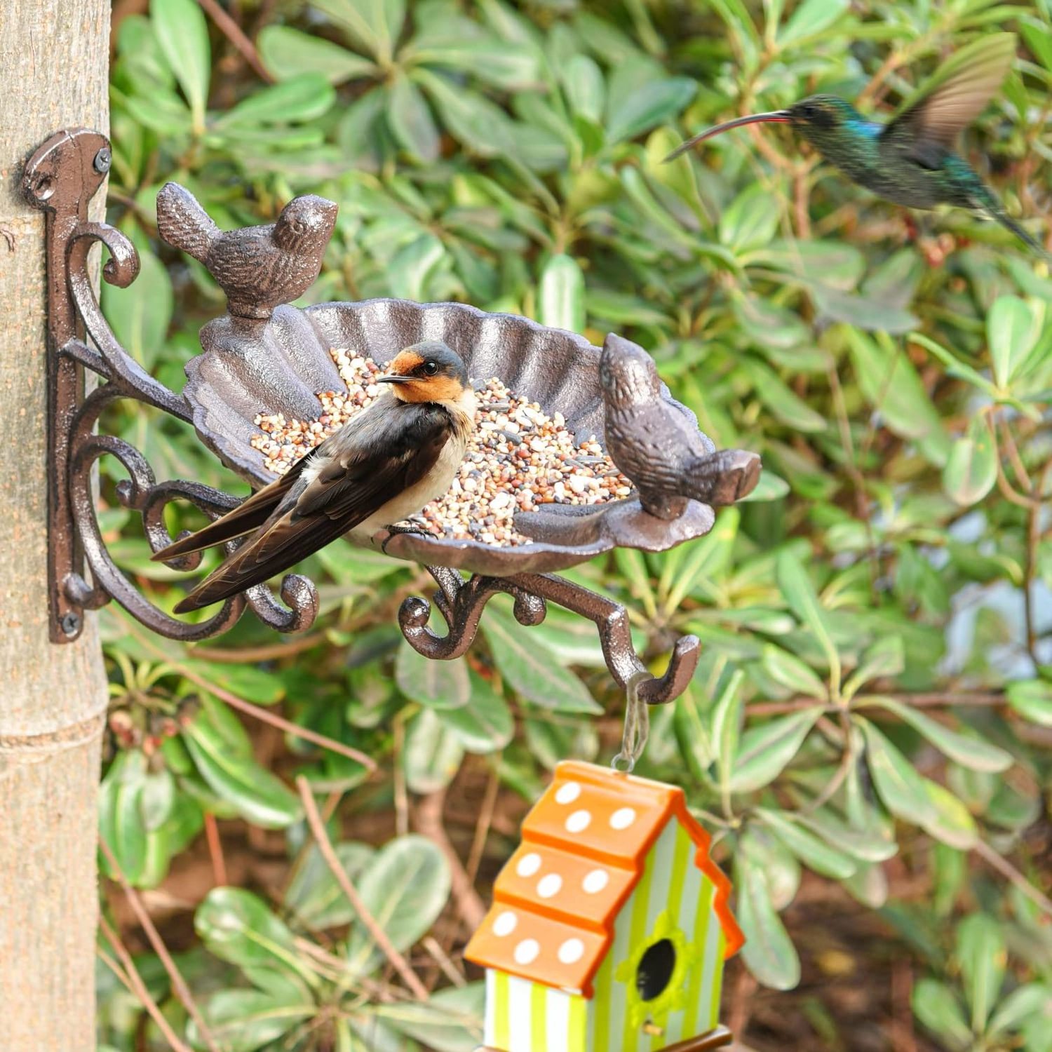 Wall Mounted Garden Bird Feeder Bracket Wrought iron Metal Stake Bird Bath Bowl Stand With Hook