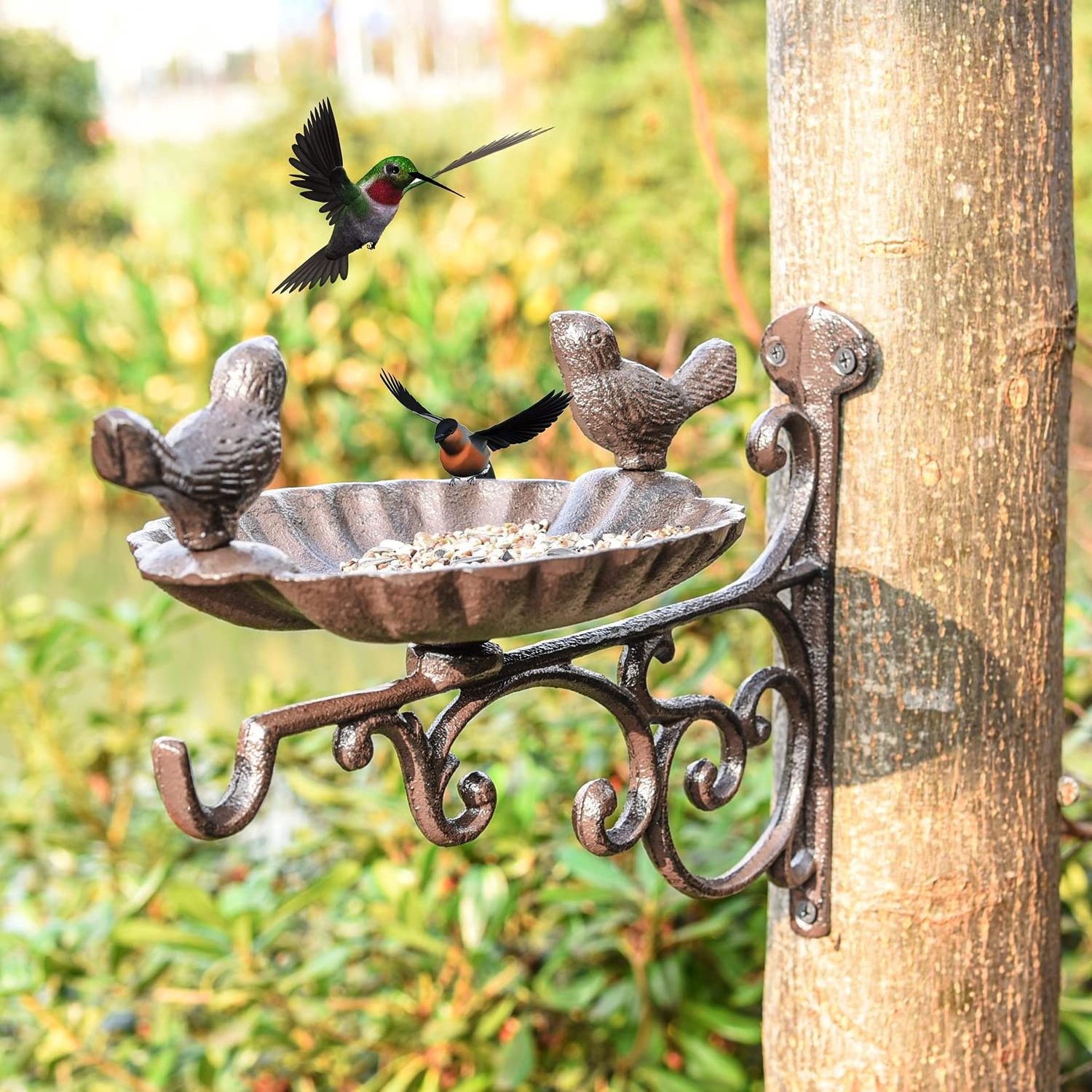 Wall Mounted Garden Bird Feeder Bracket Wrought iron Metal Stake Bird Bath Bowl Stand With Hook