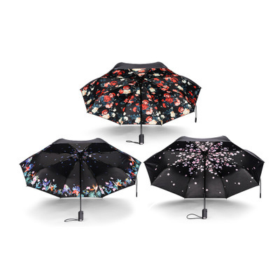 Auto Open Women Girl Mini Luxury Rose Small Double Black Printed Flower Folding Umbrella