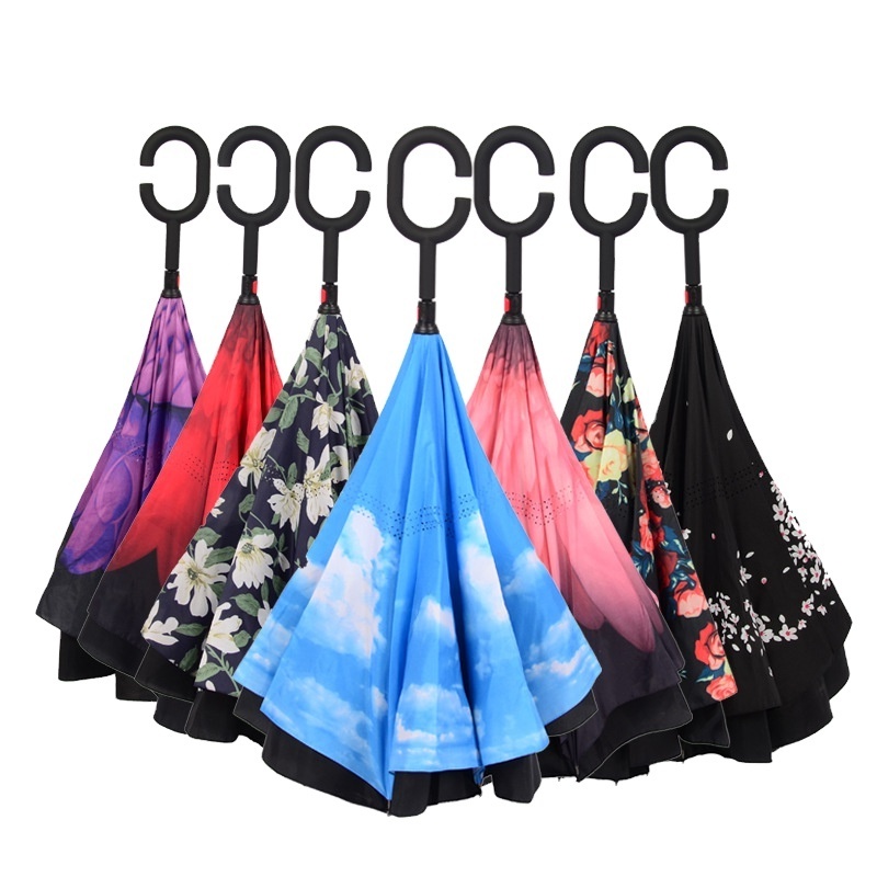 wholesale double layer 190t 23 inch high quality reverse inverted umbrella with c-shaped handle