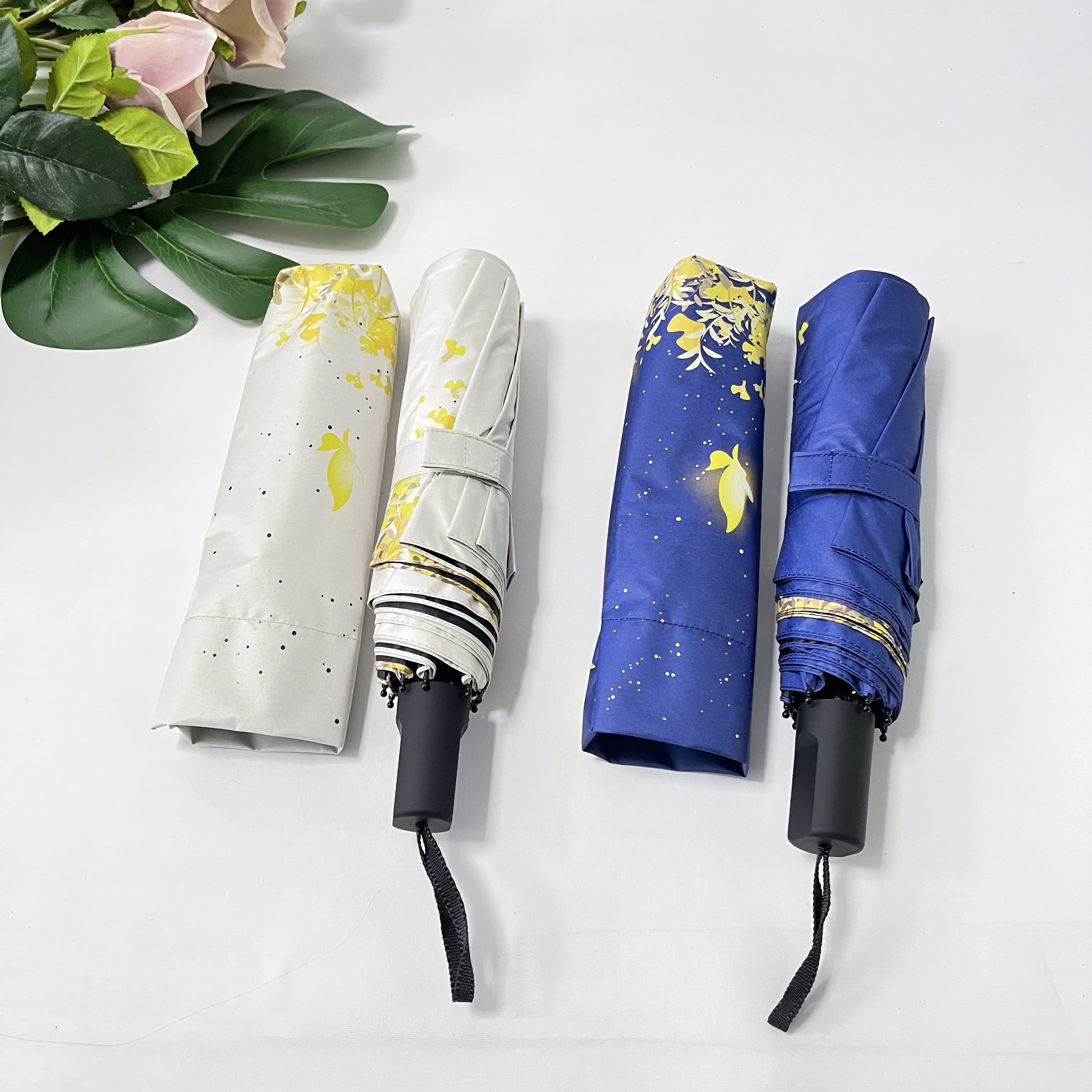 2023 flower printing women man sun umbrella with uv coated promotional creative butterfly 3 folding umbrella