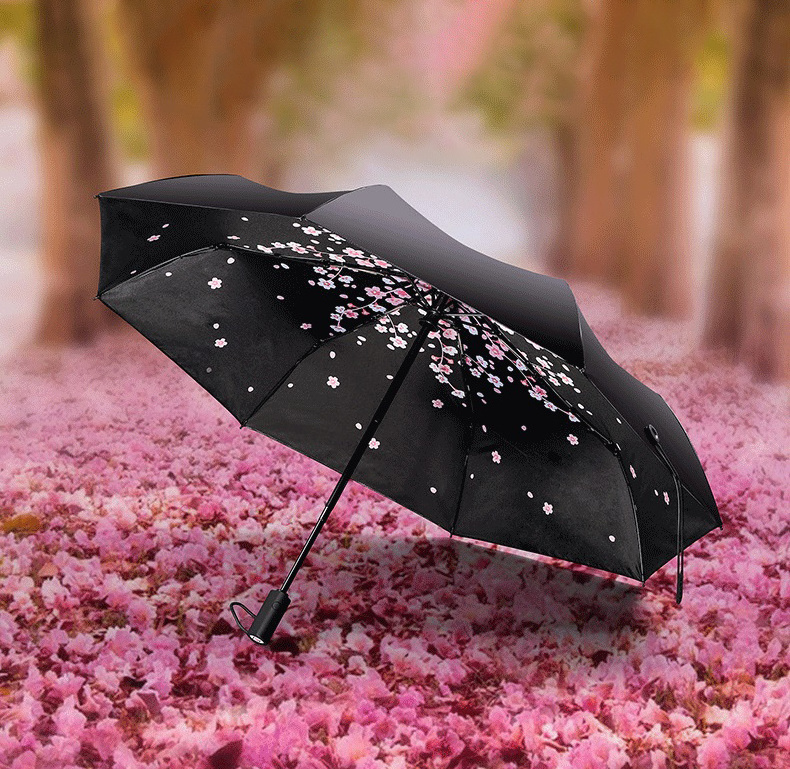 Auto Open Women Girl Mini Luxury Rose Small Double Black Printed Flower Folding Umbrella