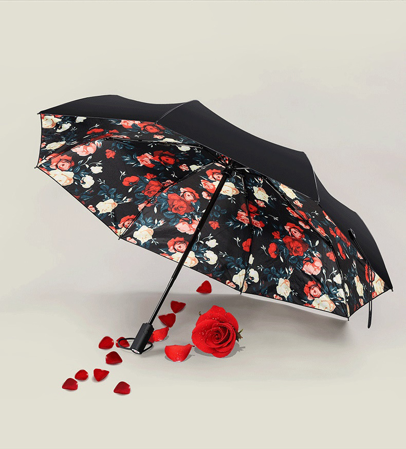 Auto Open Women Girl Mini Luxury Rose Small Double Black Printed Flower Folding Umbrella