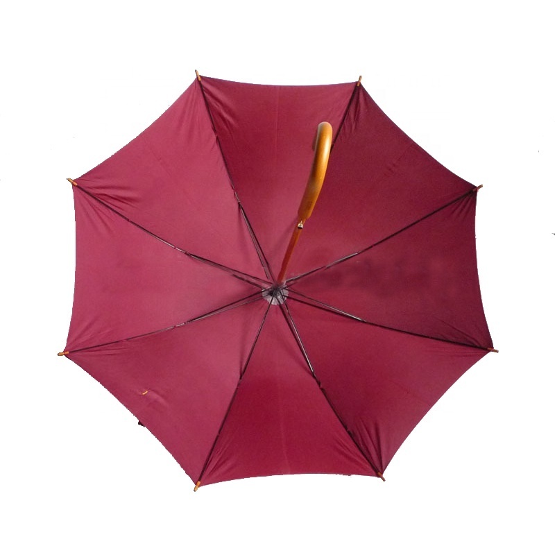 Wholesale custom logo red umbrella with J wood handle straight umbrella