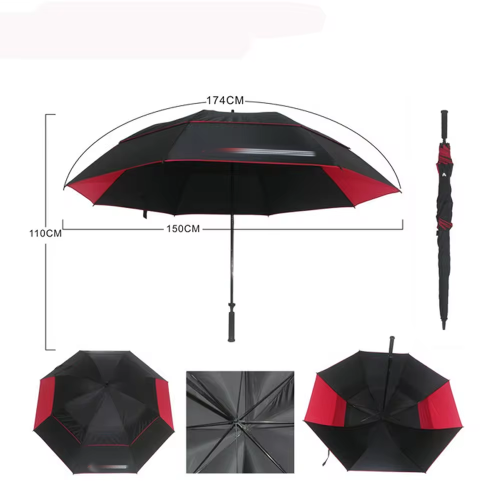 2024 Hot Sale Big Size Windproof Promotional Red And Black Double Canopy Golf Umbrella