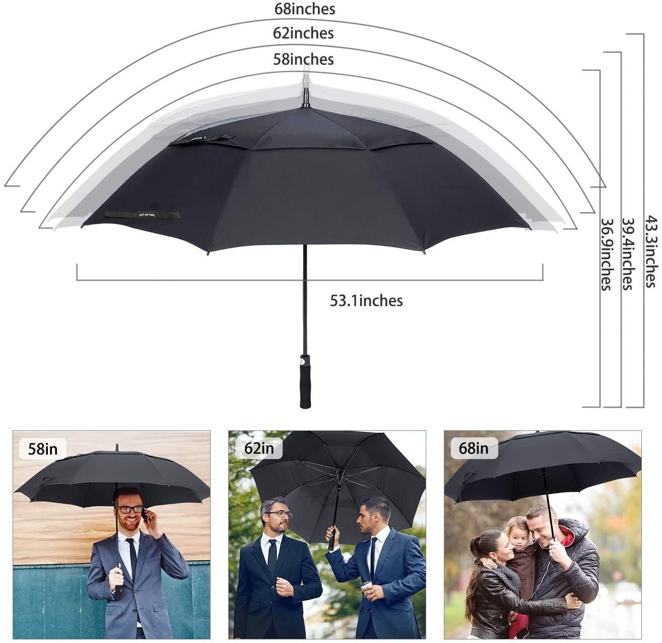 oem wholesale customizable large tour vented double canopy windproof golf sun paraguas umbrellas with logo prints