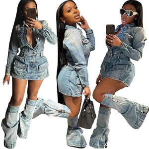 Ready to ship S-2XL boutique streetwear denim jeans 2 piece set sexy women's dresses