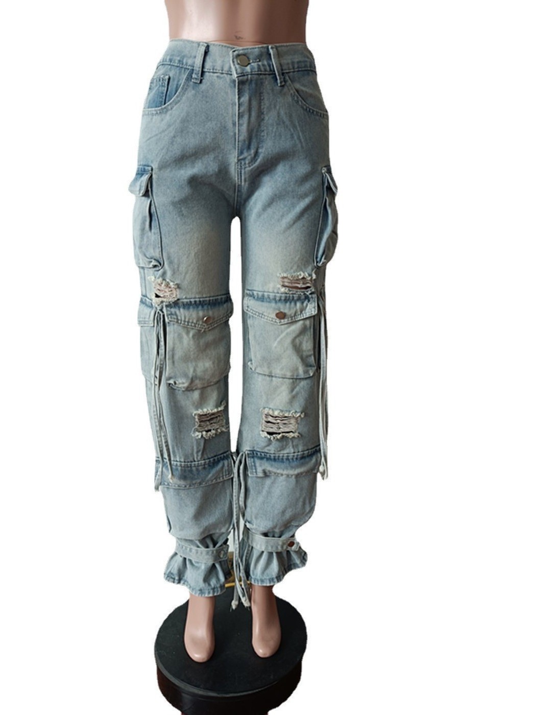 Ready to ship high quality fashionable cotton denim jeans women cargo pants with pockets