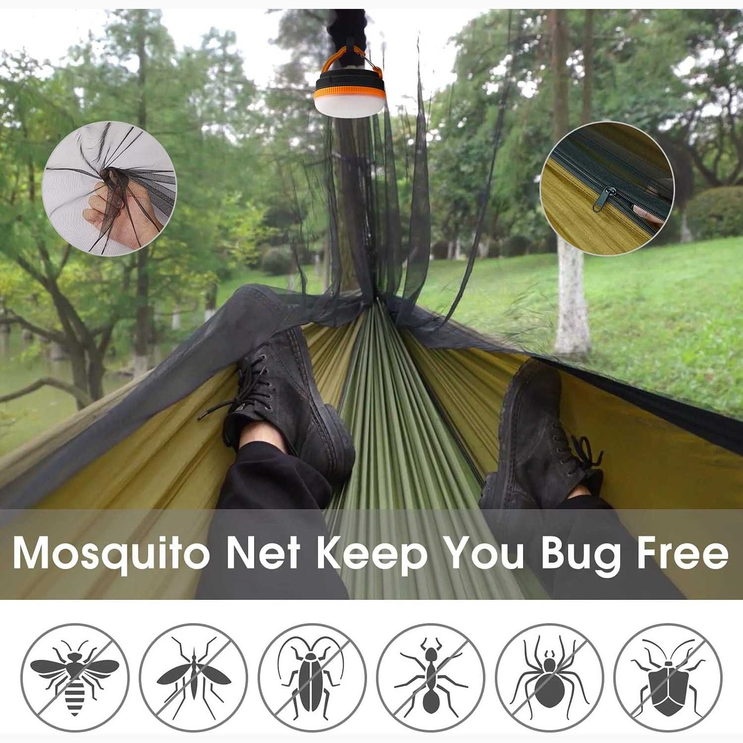 Outdoor Camping Hammock with Mosquito Net 2 Person Pop-up Parachute Lightweight Hanging Hammocks Tree Straps Swing Hammock Bed