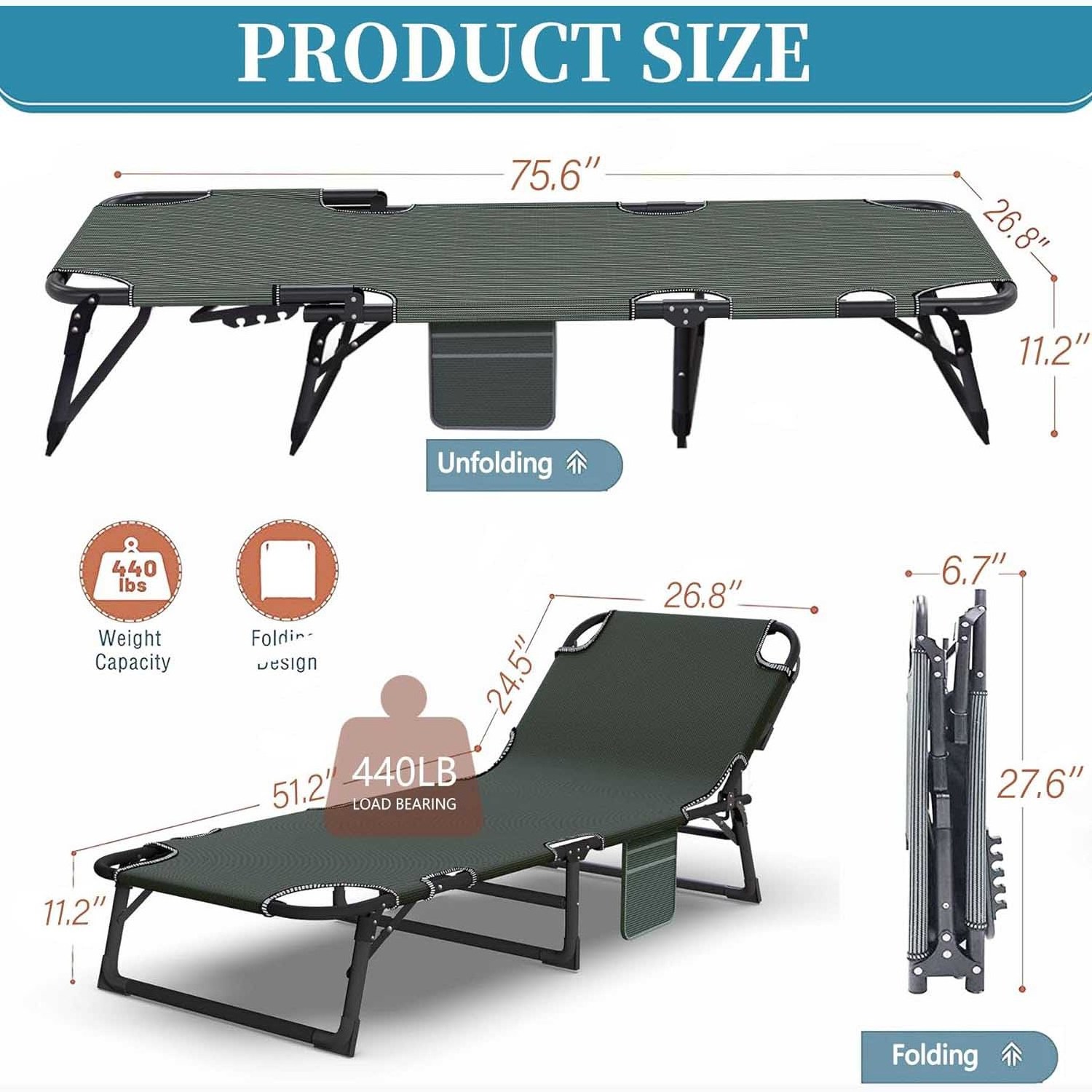 Portable Folding Camping Cot Adjustable Reclining Chairs with Mattress Outdoor Patio Folding Lounge Chair Sleeping Cots Bed