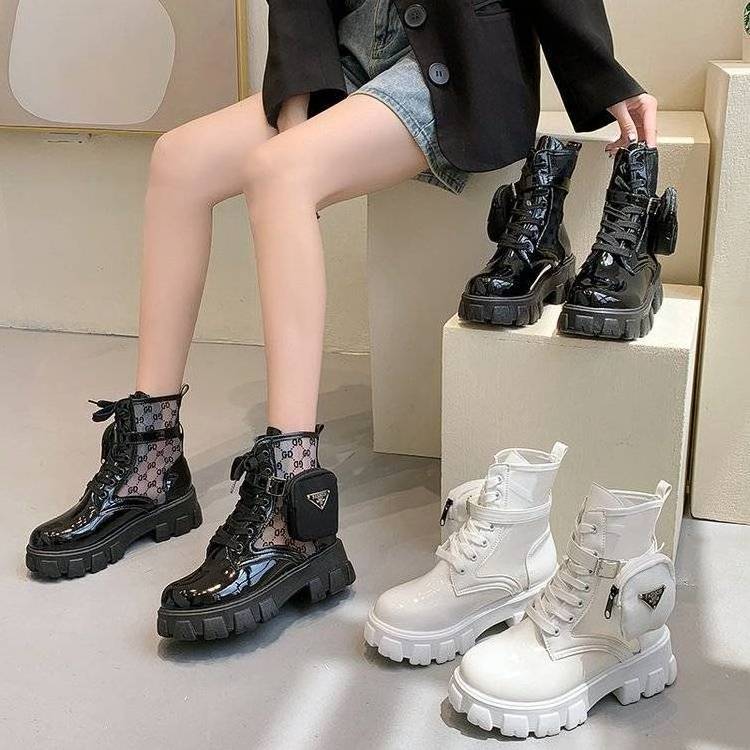 2021 New Lace Safety Boots Women's Fashion Short British Wallet Pocket Ladies Casual Boots Large Size All match Motorcycle Boots