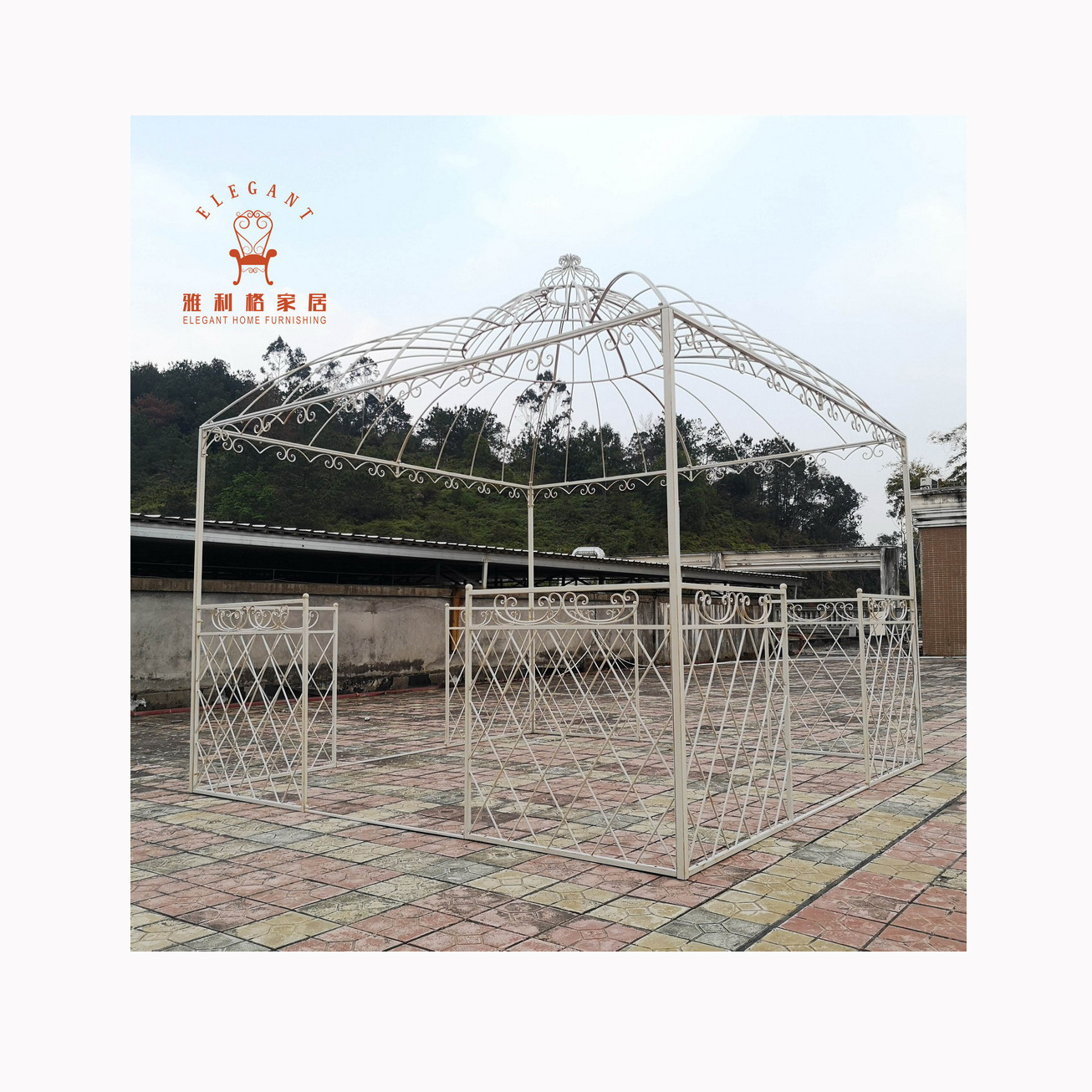 New Arrival Powder Coated Outdoor Antique White House Wrought Iron Square Gazebo