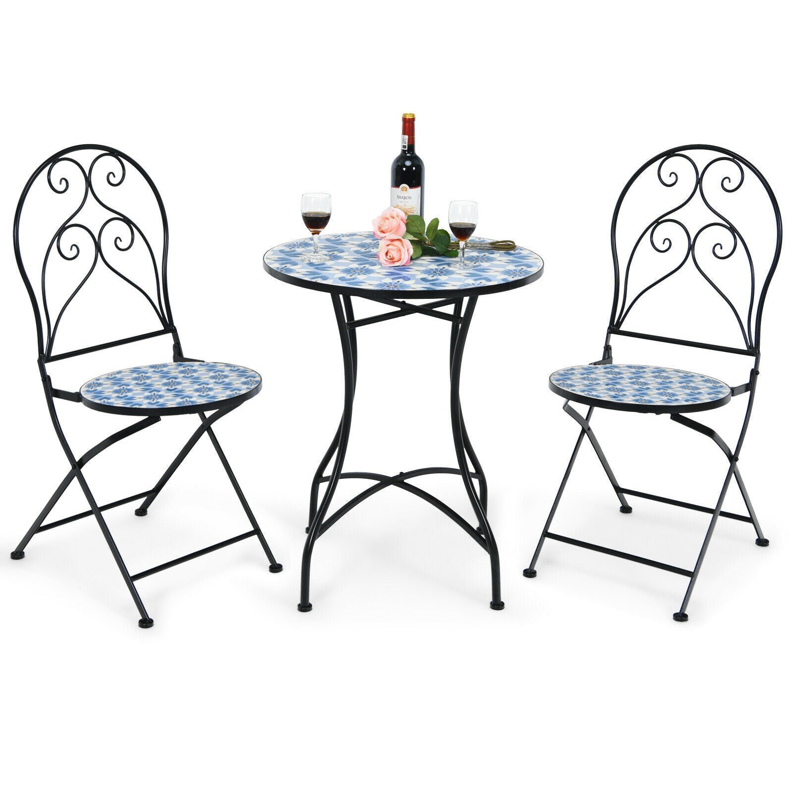 Blue 3 Pcs Patio Metal Outdoor Garden Bistro Furniture Set Folding Mosaic Chairs Tables