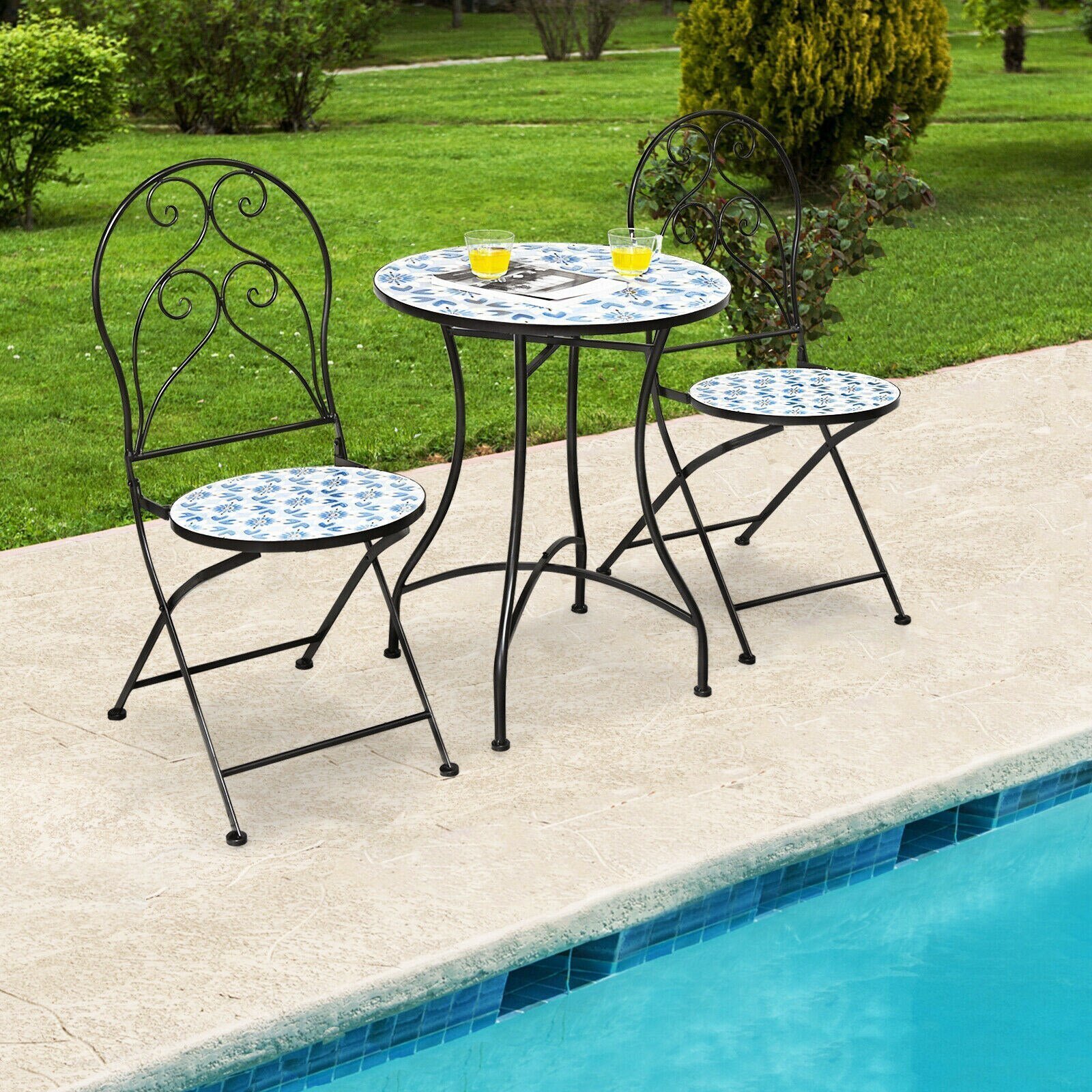 Blue 3 Pcs Patio Metal Outdoor Garden Bistro Furniture Set Folding Mosaic Chairs Tables