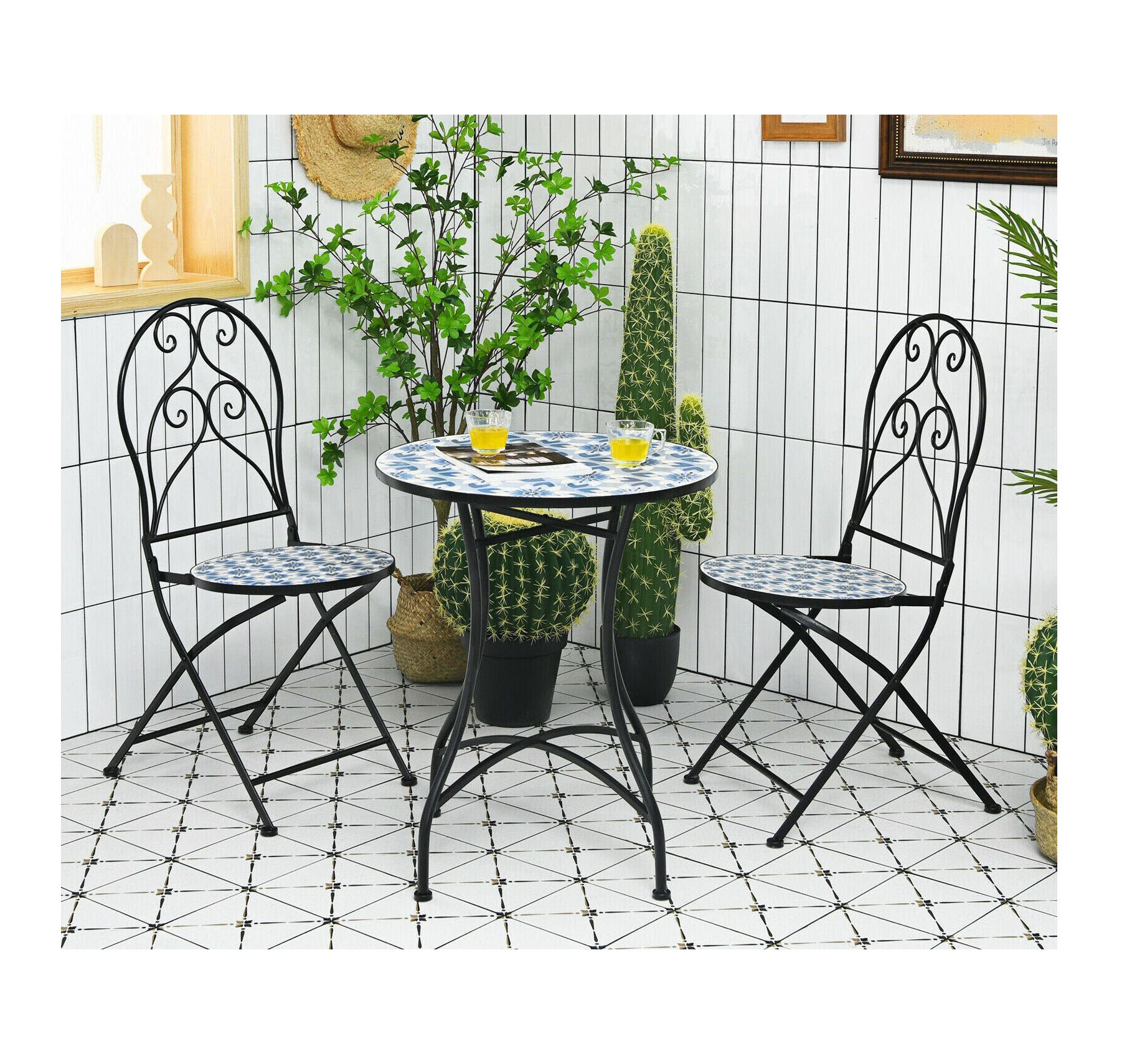 Blue 3 Pcs Patio Metal Outdoor Garden Bistro Furniture Set Folding Mosaic Chairs Tables