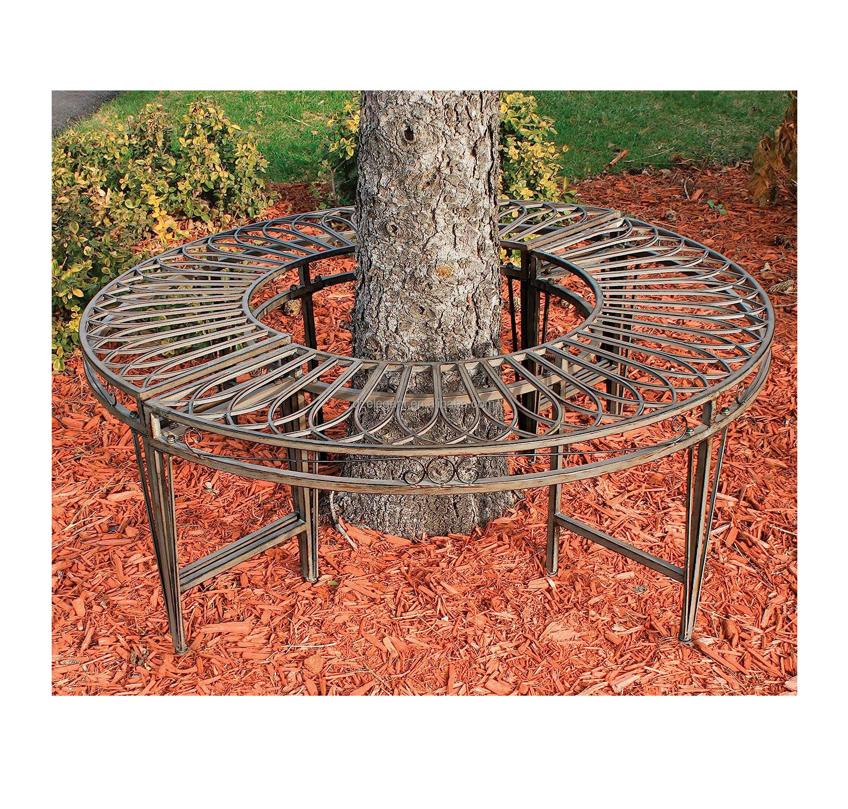 Wholesale metal wrought iron outdoor garden furniture half semi circle bench seat around tree