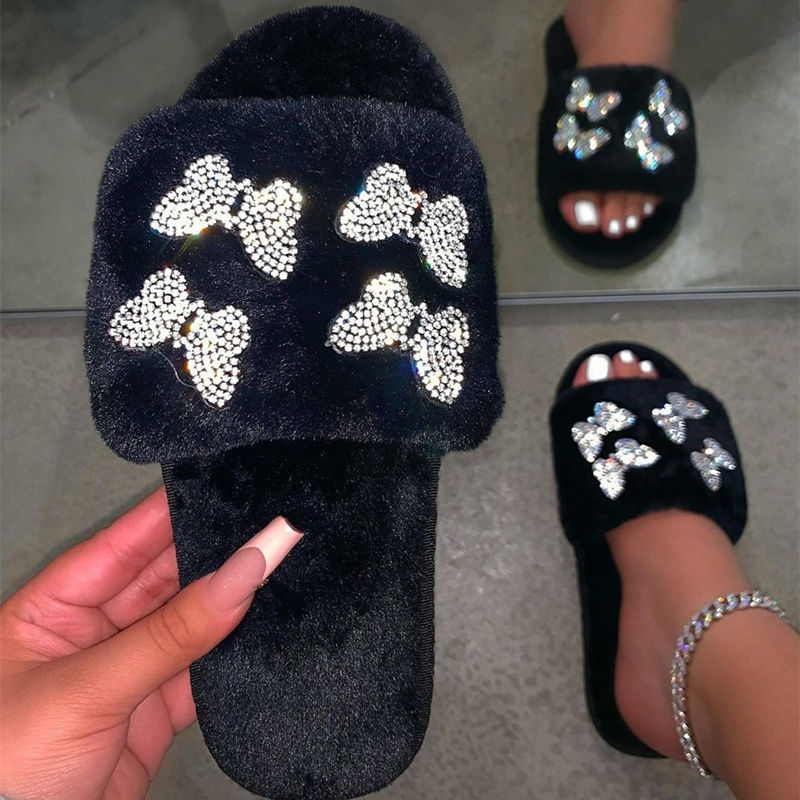 terlik chinelos butterfly fluffy slippers raccoon fur slides wholesale fluffy furry slipper faux fur sandals fur slippers