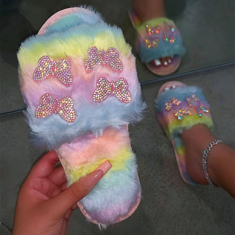 terlik chinelos butterfly fluffy slippers raccoon fur slides wholesale fluffy furry slipper faux fur sandals fur slippers