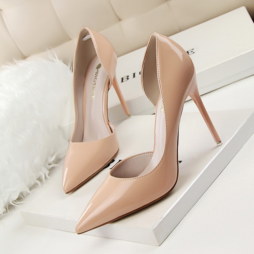 Korean style fashionable simple stiletto patent leather shallow mouth pointed toe hollow sexy slim high heels single shoes