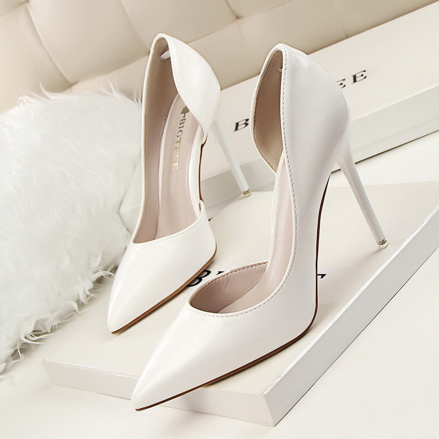 Korean style fashionable simple stiletto patent leather shallow mouth pointed toe hollow sexy slim high heels single shoes