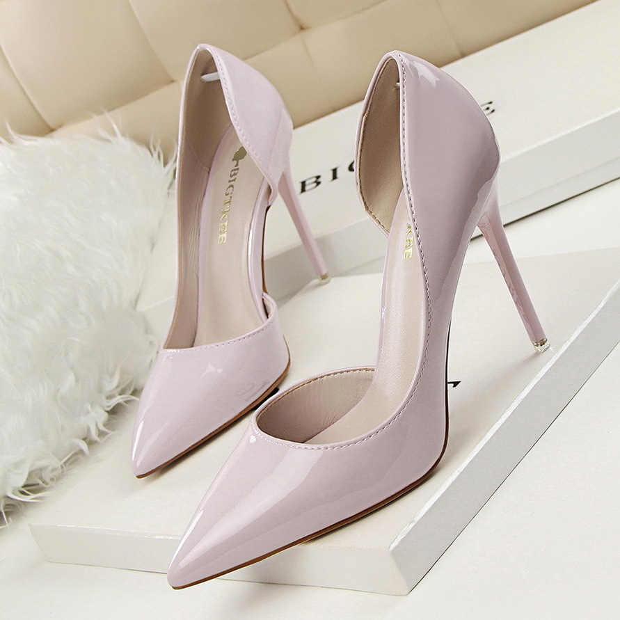 Korean style fashionable simple stiletto patent leather shallow mouth pointed toe hollow sexy slim high heels single shoes