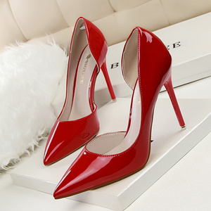 Korean style fashionable simple stiletto patent leather shallow mouth pointed toe hollow sexy slim high heels single shoes