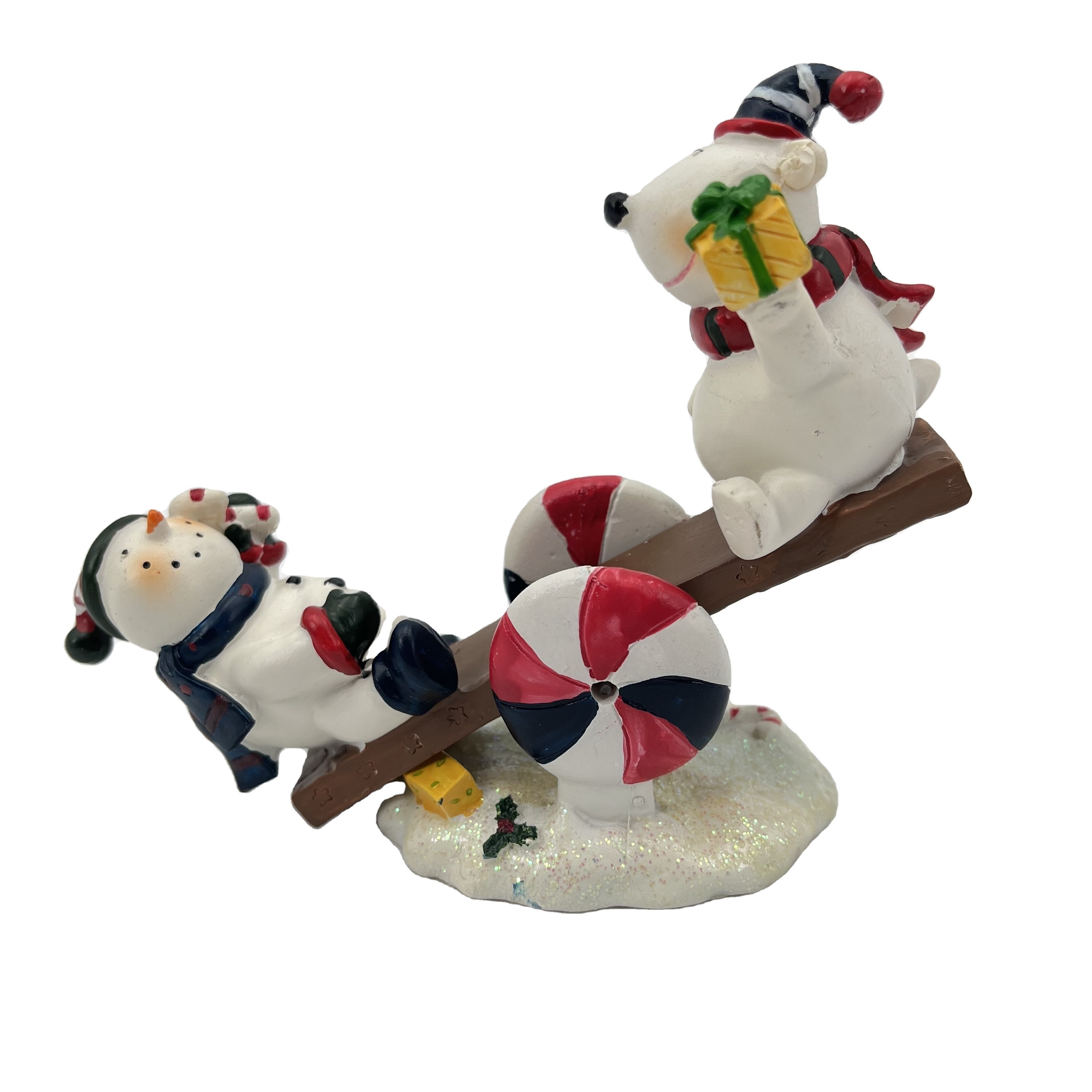 customized polyresin figurine Christmas snowman sitting on teeter totter seesaw for home decoration