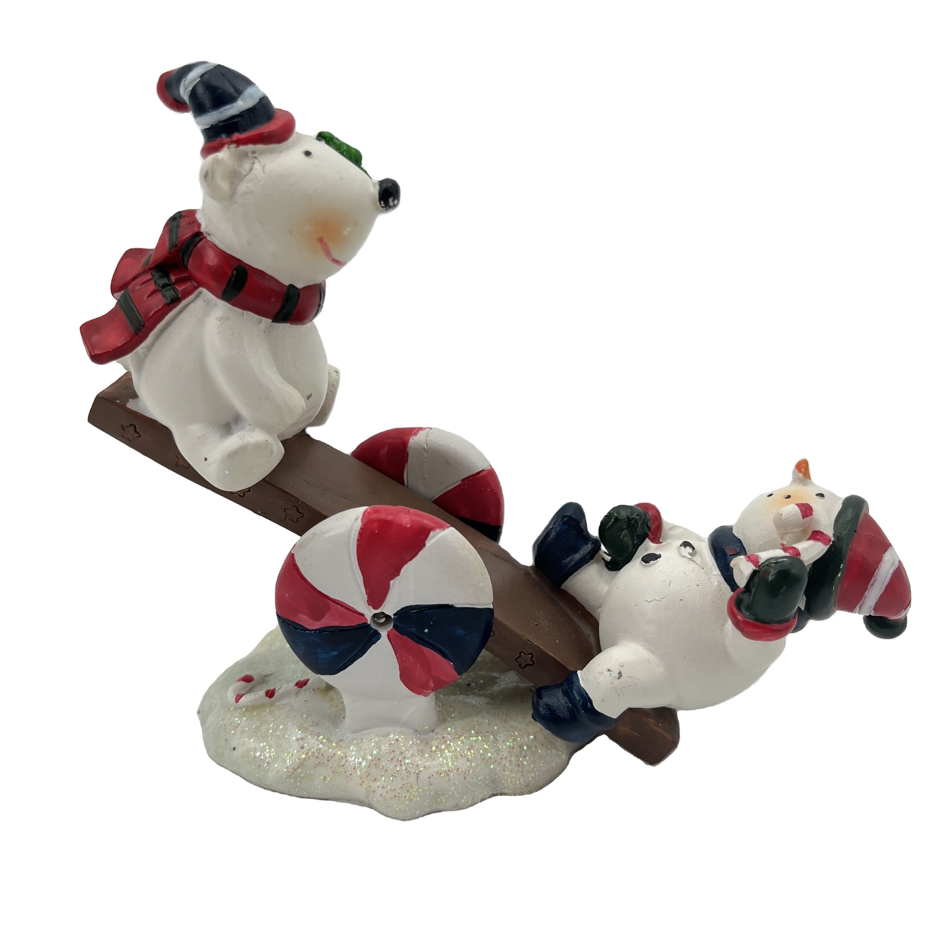 customized polyresin figurine Christmas snowman sitting on teeter totter seesaw for home decoration