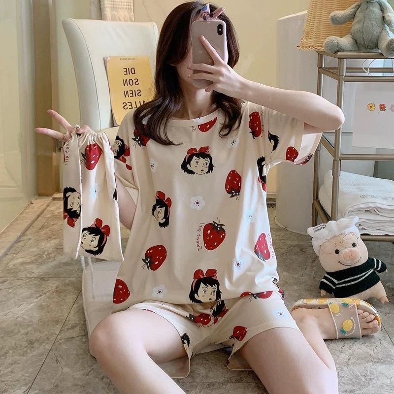 Summer Women's Cartoon Print Pajamas Pijamas Ladies Night Wear Short Sleeve Shorts Sleepwear Girls Cute Printing Home Wear