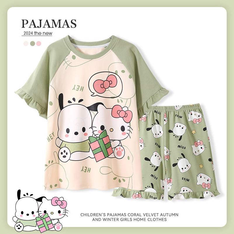 Kawaii Anime Sanrios Mymelody Cinnamoroll Kuromi Children's Pajamas Summer Cotton Cartoon Short-sleeved Homewear Set Gift