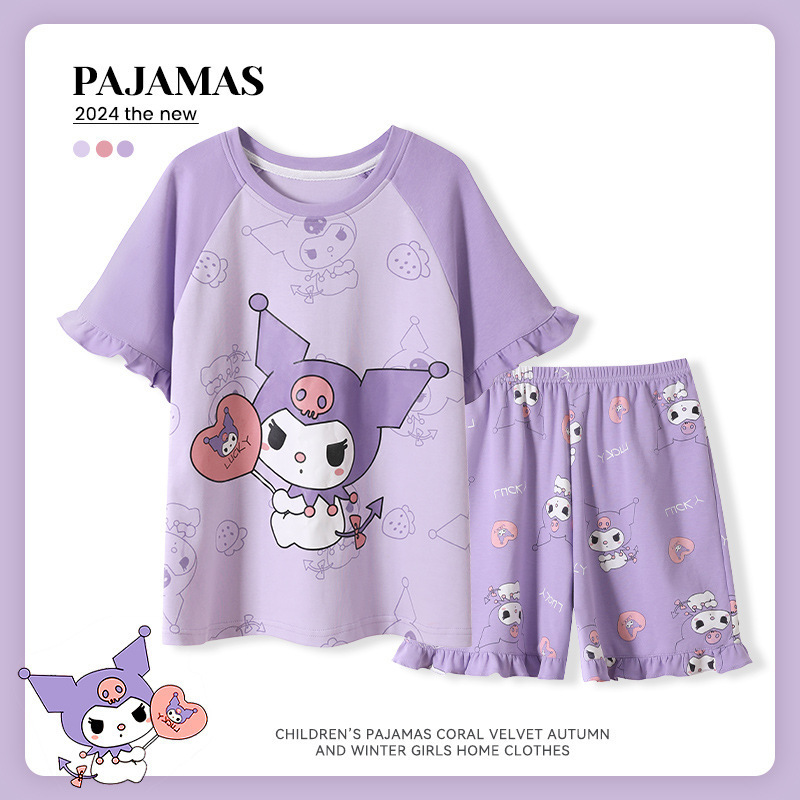 Kawaii Anime Sanrios Mymelody Cinnamoroll Kuromi Children's Pajamas Summer Cotton Cartoon Short-sleeved Homewear Set Gift