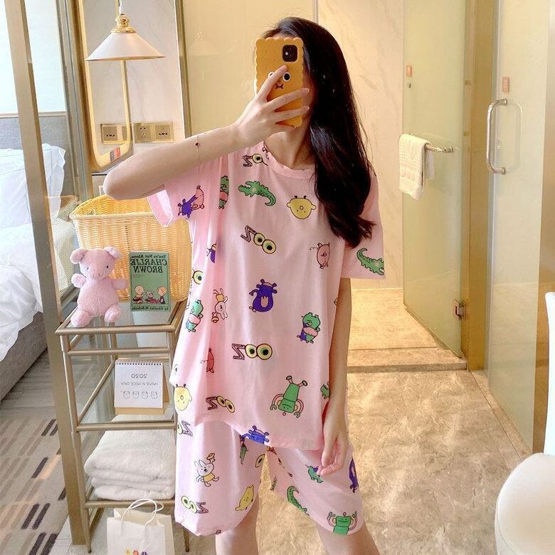 Summer Women's Cartoon Print Pajamas Pijamas Ladies Night Wear Short Sleeve Shorts Sleepwear Girls Cute Printing Home Wear