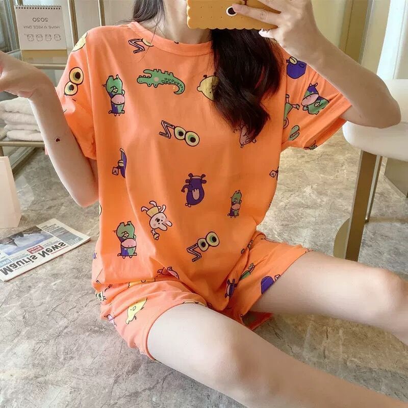 Summer Women's Cartoon Print Pajamas Pijamas Ladies Night Wear Short Sleeve Shorts Sleepwear Girls Cute Printing Home Wear