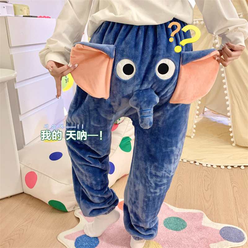 Flannel Couple Cartoon Style Keep Warm Sleepwear Women Pajamas Pants With 3d Pig Elephant Nose Party Funny