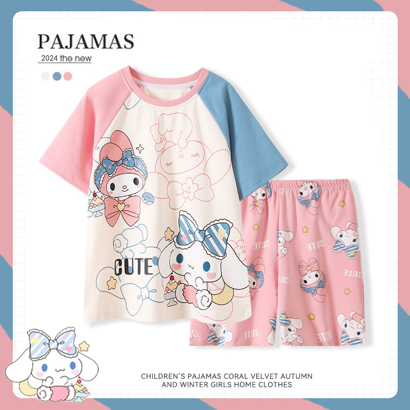 Kawaii Anime Sanrios Mymelody Cinnamoroll Kuromi Children's Pajamas Summer Cotton Cartoon Short-sleeved Homewear Set Gift