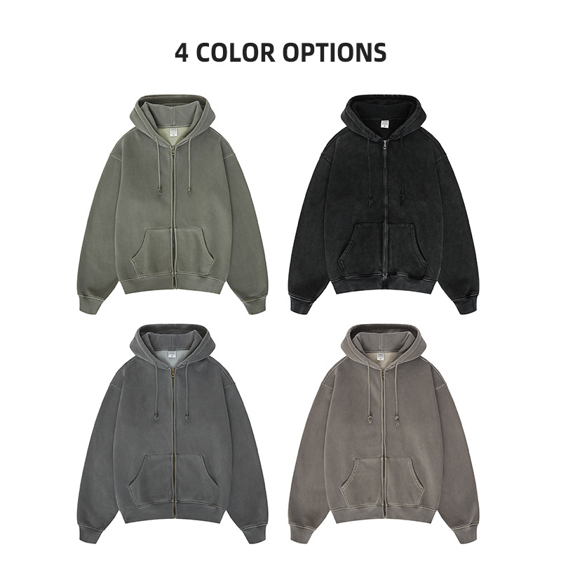 Wholesale custom vintage wash hoodie blank zipper sweatshirt cotton thick heavyweight fleece full zip hoodie