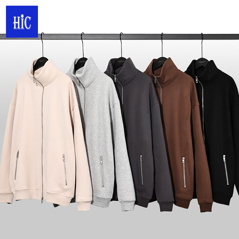 2022 Custom Metal Double Zipper Stand Collar Men's Cream Color Hoodie 360g Polar Fleece Thickened Men's Heayweight Hoodie