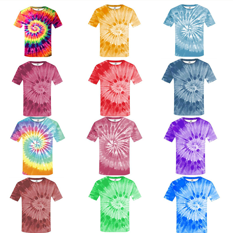 HIC Wholesale Special Offer Unisex 100%Polyester Tie Dye Multicolor Custom LOGO Casual T-shirt Crew Neck Plus Size Short Sleeves