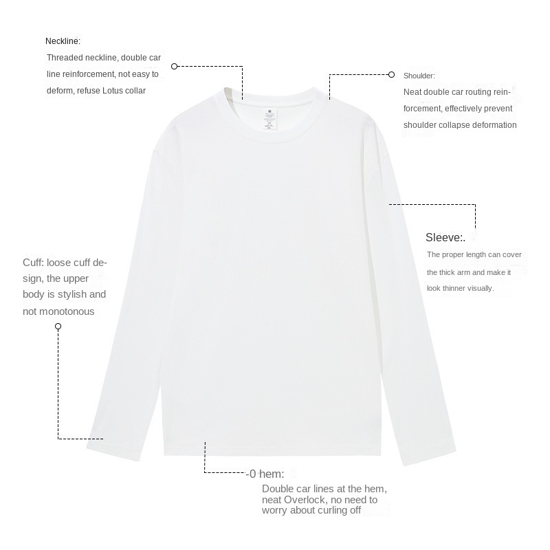 220g Combed High Quality Cotton Loose Round Neck Blank Long Sleeve T-Shirt Unisex Casual Solid Color Matching Bottoming Shirt