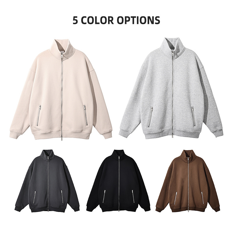 2022 Custom Metal Double Zipper Stand Collar Men's Cream Color Hoodie 360g Polar Fleece Thickened Men's Heayweight Hoodie