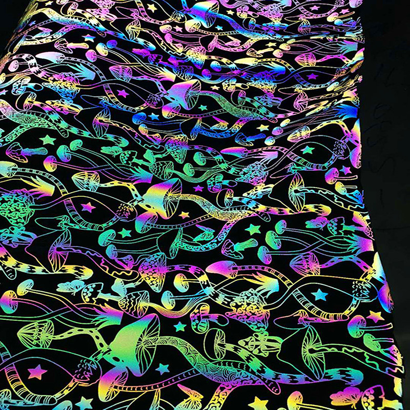 Color Changing Rainbow Color Mushroom Printed Fabric Reflective Polyester Fabric For Fashion Clothing Jacket