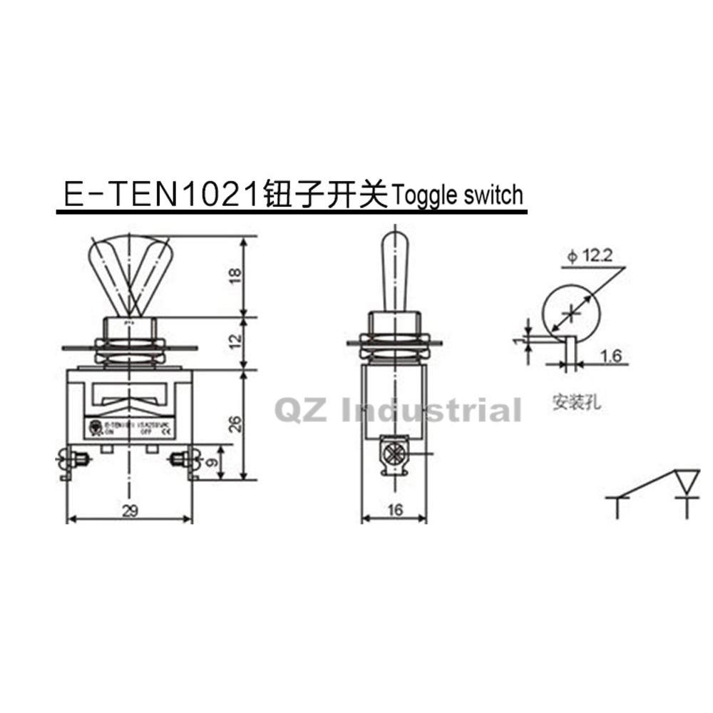 QZ Industrial 12MM 15A/250VAC 2 feet 2 files ON-OFF Rocker arm shaking power switch Toggle switch E-TEN1021