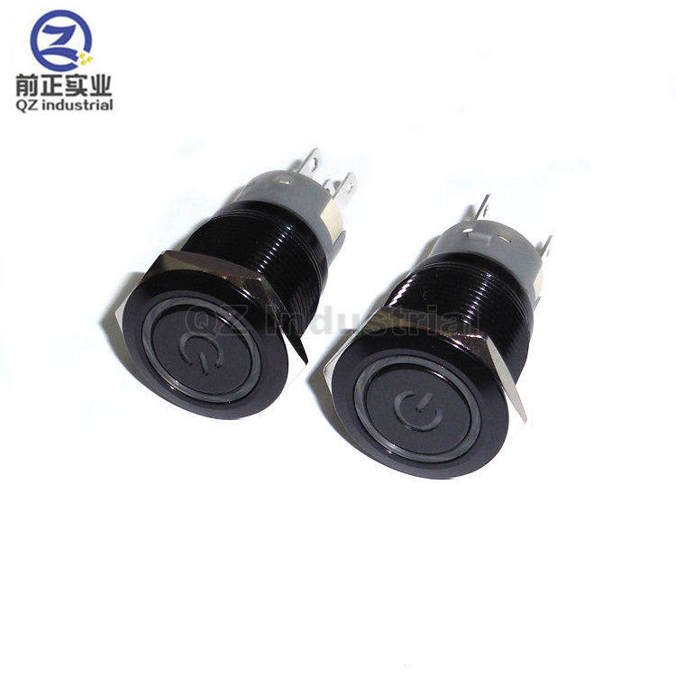 QZ  high quality 19mm Push On/Push Off flat top metal push button switch with power symbol and circular LED light 220V